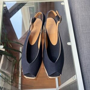 Castaner Black Canvas Slingback Peep-Toe Espadrille Wedges